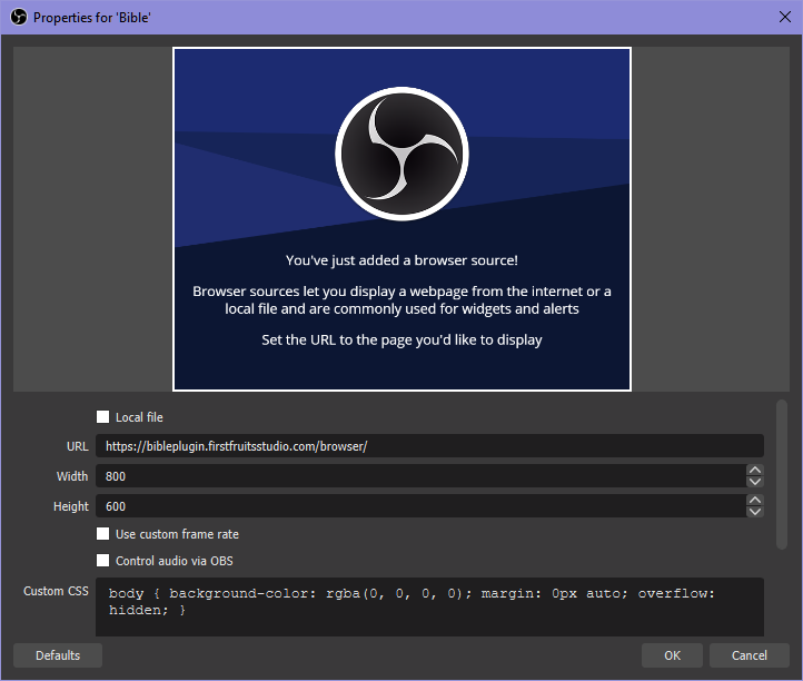 The URL is set to https://firstfruitsstudio.com/obs-bible/browser/