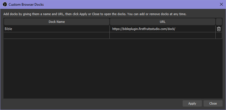 In the same dialog window, Dock Name is filled with 'Bible' and URL is filled with 'https://firstfruitsstudio.com/obs-bible/dock/'