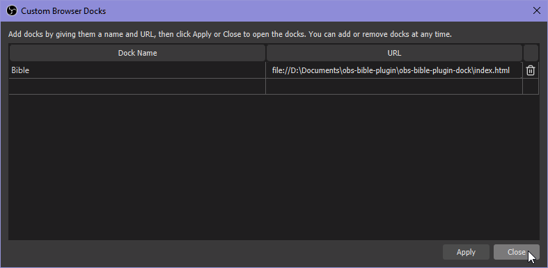 5. Closing the Custom Browser Docks Dialog
